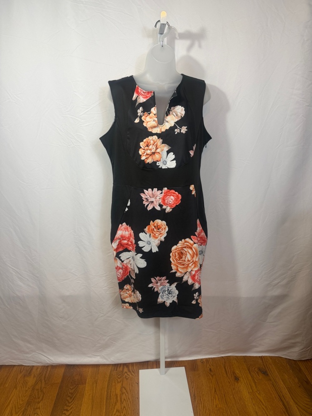 Black Sleeveless Floral Sheath Dress with Pink & Peach Blooms